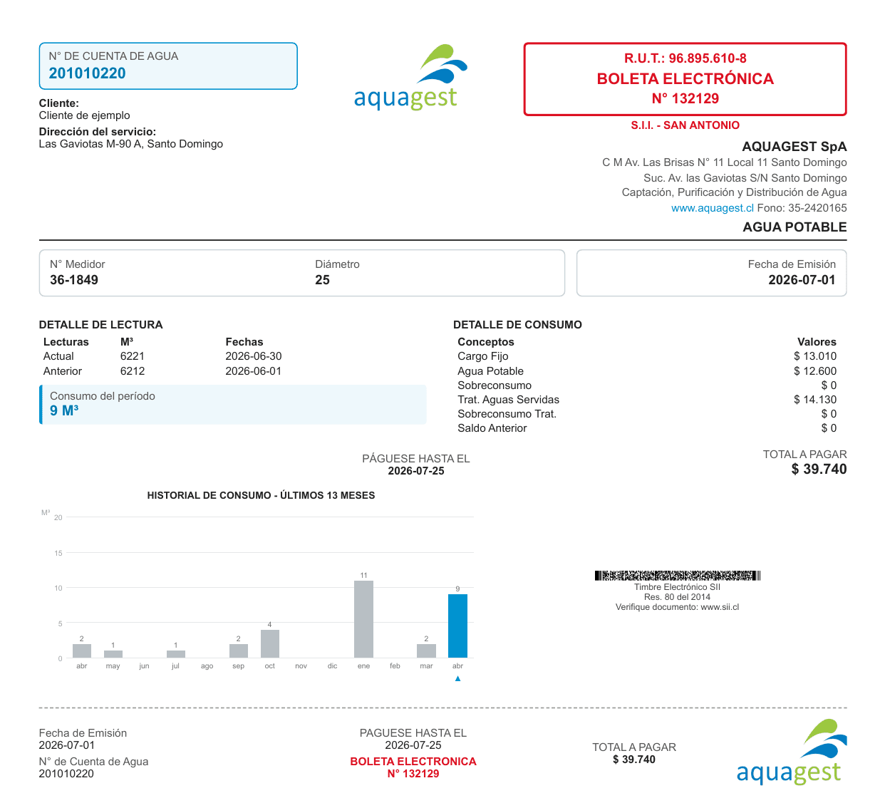 Nuevo formato de boleta electrónica Aquagest con número de cuenta, medidor, lecturas, detalle, historial de 13 meses y datos de pago